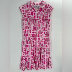 Ibkul Pink Godet Dress Size Small Printed Abstract Zipper Collar Ruffle
